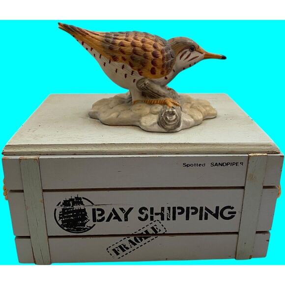 Wooden Trinket Box Marked Bay Shipping w/ Ceramic Spotted Sandpiper Bird on Top - Picture 14 of 14